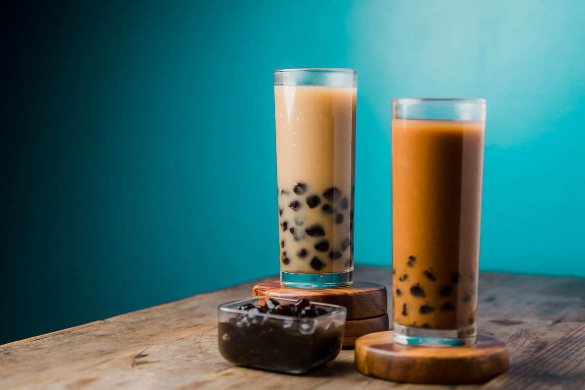 Glasses of Milk Tea with Pearls on Table